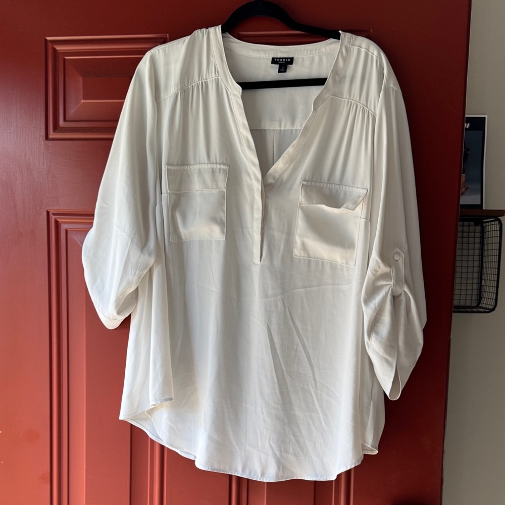 Torrid Cream Blouse with Roll-Tab Sleeves